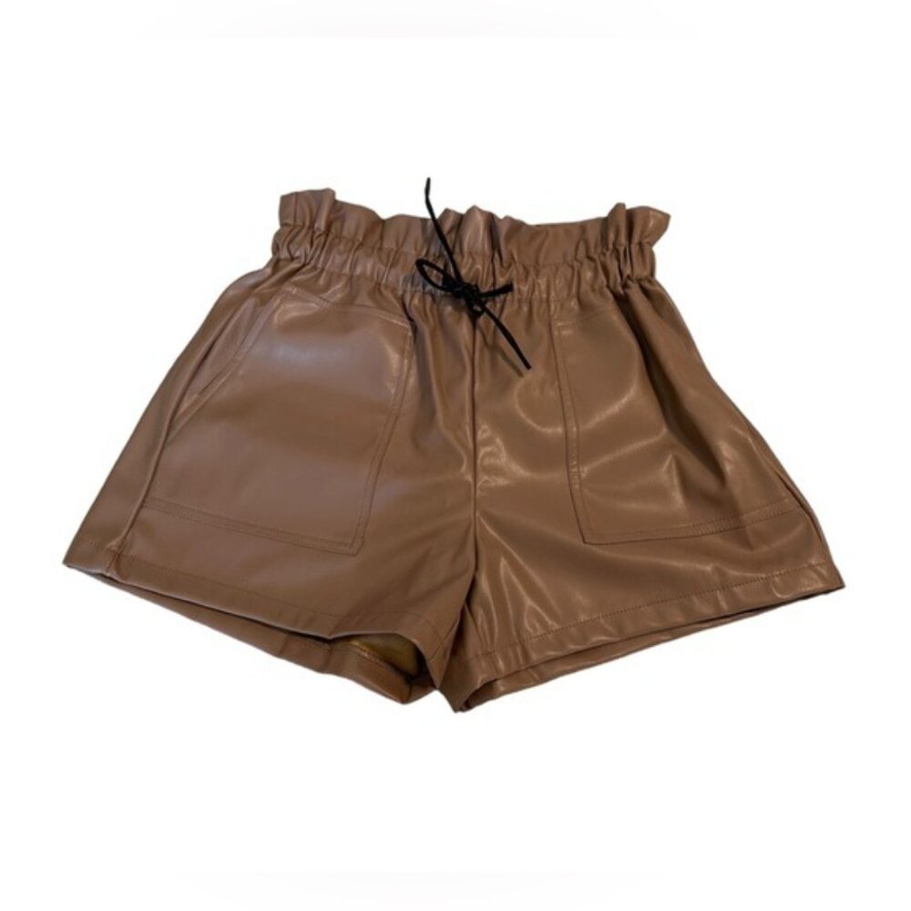 Brown Faux Leather Paperbag Shorts Womens Size Small High Rise Pull On NWT